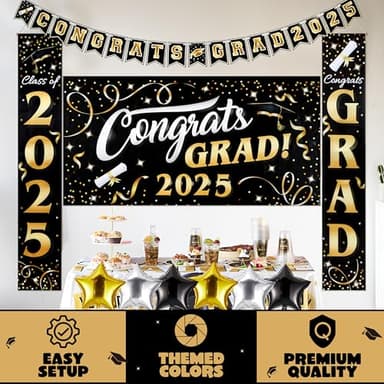 JOYIN Graduation Party Decorations Class of 2025, Black & Gold Grad Celebration Supplies Set with Backdrop Banner, Porch Sign, Balloons, Foil Number 2025, Hanging Strip for High School College Grad - Image 4