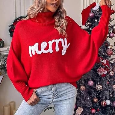 Women Merry Christmas Sweater 2025 Funny Holiday Knitted Sweaters Oversized Turtleneck Batwing Sleeve Xmas Pullover Tops Red - Image 2