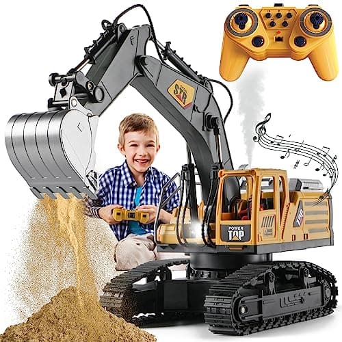KASQERT Remote Control Excavator Toys for Boys,14 Channel 1:14 RC Digger Construction Toys Tractor,Simulated Smoke, Sound, Lighting, Metal Digging Head, for Boys 6 7 8 9 10 11 12 - Image 1