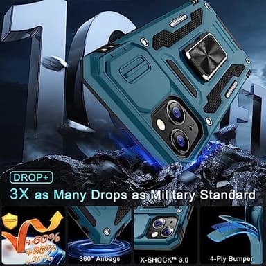 DEERLAMN Case for iPhone 13/iPhone 14 6.1-Inch with Slide Camera Cover+Screen Protector(2 Packs),Rotated Ring Kickstand Military Grade Shockproof Protective Cover-Light Blue - Image 4