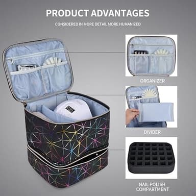 FIVEDRX Colorful PU Nail Polish Organizer Storage Bag Professional Nail Accessories Kit Holds 30 Bottle (15ml/ 0.5 fl.oz) and a Nail Lamp Case Double Layer Nail Polish Carrying Case(black) - Image 3