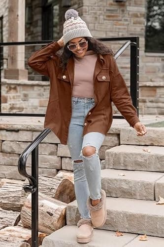 VICHYIE Womens Shirts Shacket Casual Long Sleeve Corduroy Lapel Oversized Button Down Blouses Tops Coat Coffee M - Image 5