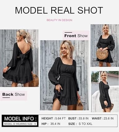 Dokotoo Square Neck Fall Dresses for Women Fashion 2025 Tie Back Lantern Long Sleeve Wedding Guest Dress Ruffle A-Line Beach Dress Elastic Waist Mini Casual Dresses Black X-Small - Image 2