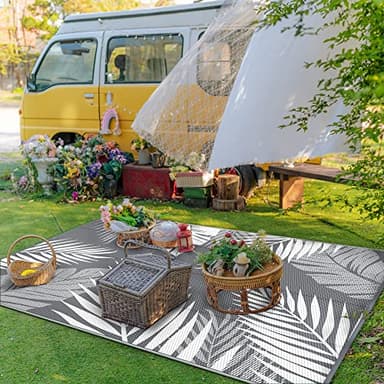 GENIMO Outdoor Rug 5' x 8' Waterproof for Patios Clearance, Reversible Plastic Straw Camping Carpet, Large Area Rugs Mats for RV, Picnic, Backyard, Deck, Balcony, Porch, Beach, Grey&White - Image 3