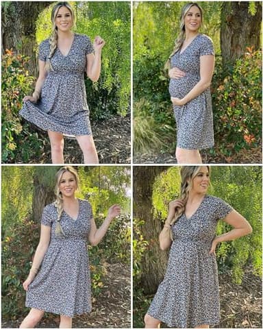 OUGES Women's 2025 Summer Short Sleeve V Neck Floral Midi Dress with Pockets Maternity Nursing Wrap Dresses Clothes(Floral C,L) - Image 6