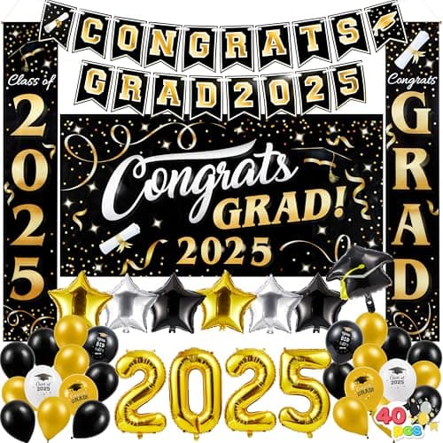 JOYIN Graduation Party Decorations Class of 2025, Black & Gold Grad Celebration Supplies Set with Backdrop Banner, Porch Sign, Balloons, Foil Number 2025, Hanging Strip for High School College Grad - Image 1