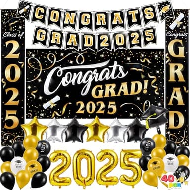 JOYIN Graduation Party Decorations Class of 2025, Black & Gold Grad Celebration Supplies Set with Backdrop Banner, Porch Sign, Balloons, Foil Number 2025, Hanging Strip for High School College Grad - Image 1