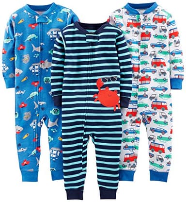 Simple Joys by Carter's Baby Boys' 3-Pack Snug Fit Footless Cotton Pajamas, Blue Sea Life/Navy Stripe/White Cars, 5T - Image 1