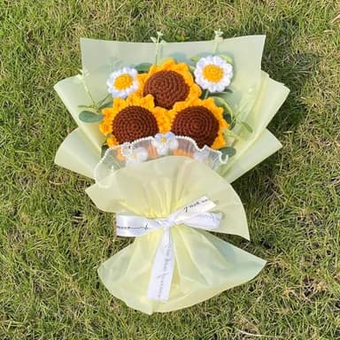 Tokatan Completed Crochet Flowers Bouquet, Handmade Knitted Bouquet, Crochet Artificial Flowers of Sunflowers + Daisy for Mother's Day Birthday, Wedding Home Decor, Gifts for Mom (Sunflowers) - Image 3