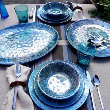 Radiance Teal 2pc Melamine Platter Set – 14" Round & 18"x13.5" Oval Serving Trays – Reactive Glaze Style Artisan Serveware for Entertaining, Holidays, Dinner Parties, or Gifts - Image 4