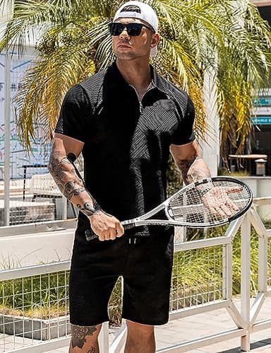 URRU Men's Polo Shirt and Shorts Set Summer Outfits Fashion Casual Short Sleeve Polo Suit for Men 2 Piece Short Set Black M - Image 2