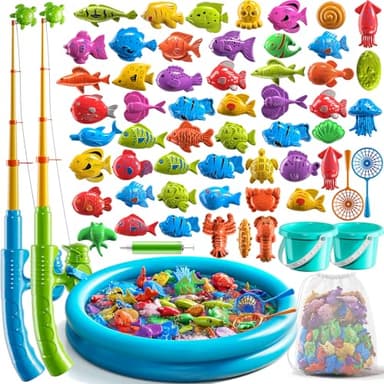 NIPLOOOW Pool Fishing Toys Games, Water Table Bathtub Toy with Inflatable Pool Pole Rod Net Plastic Floating Fish, Birthday Gifts for Kids Age 3 4 5 6 Year Old,Kids Outdoor Toys - Image 1