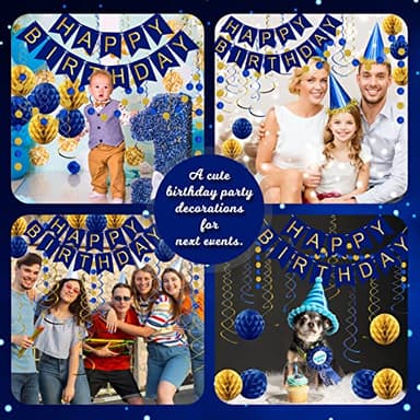 Navy Blue Birthday Decorations with Happy Birthday Banner, Paper Honeycomb Balls, Circle Garland and Hanging Swirl Decorations - Image 6