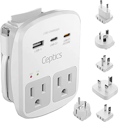 Ceptics 35W Universal Travel Adapter Kit – 2 USA sockets, USB-A, USBC, 1x PD 35W USB-C and USBC Cable, Surge Protected, Plugs for EU, UK, China, AU, Japan - for Laptop, Phone, Camera-ETL Tested - Image 2