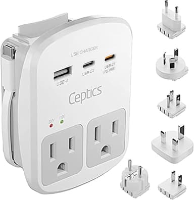 Ceptics 35W Universal Travel Adapter Kit – 2 USA sockets, USB-A, USBC, 1x PD 35W USB-C and USBC Cable, Surge Protected, Plugs for EU, UK, China, AU, Japan - for Laptop, Phone, Camera-ETL Tested - Image 1