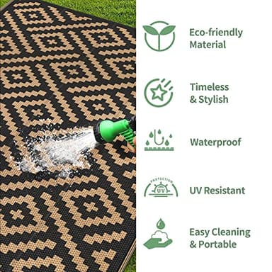 GENIMO Outdoor Rug for Patio Clearance, 10'x14' Waterproof Large Camping Mat, Reversible Plastic Straw Rugs for RV, Camper, Balcony, Backyard, Picnic, Deck (Black & Brown) - Image 5