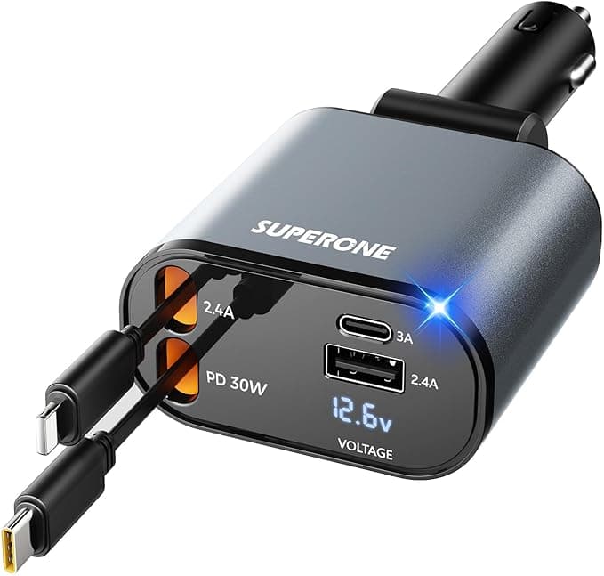 【Upgraded】 SUPERONE Retractable Car Charger 4 in 1, Fast Car Phone Charger with Cord 2.6ft, USB C and Apple Car Charger Adapter, Compatible with iPhone 17 16 15/15 Pro Max/14/13/12/11, Galaxy, Pixel - Image 1
