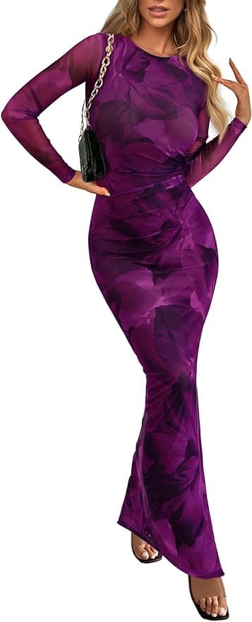 PRETTYGARDEN Women's Bodycon Maxi Dress Fall Spring Fashion Long Sleeve Floral Print Tight Fitted Party Club Ruched Dresses - Image 1