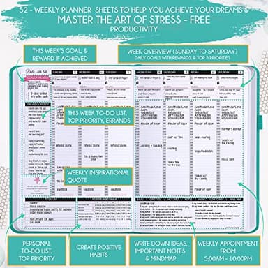 Hourly Planner – Undated Weekly & Monthly Goal Setting Planner, 12-Month to Increase Productivity | Life & Gratitude Journal, Include Foldable Vision Board, Gift Box & Stickers - Image 4