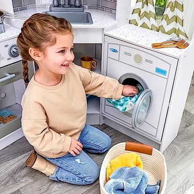 KidKraft Ultimate Corner Wooden Play Kitchen with Lights & Sounds, Play Phone and Curtains, White - Image 7