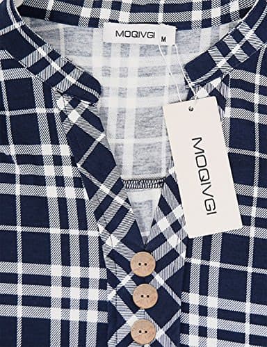 MOQIVGI Ladies Tops Plaid Print Tee Blouse Split V Neck Short Sleeve Checker Pattern Modern Fit Polyester Stretchy Shirt Woman Daily Wear Clothing Blue White Large - Image 3