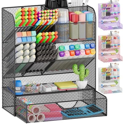 OPNICE Desk Organizers and Accessories, Pen Holder for Desk Organizer with Drawer, Pencil Holder Office Desk Accessories Workspace Desktop Organizer for School Home Office Art Supplies（Black） - Image 1