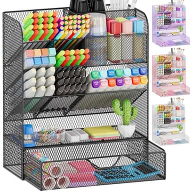 OPNICE Desk Organizers and Accessories, Pen Holder for Desk Organizer with Drawer, Pencil Holder Office Desk Accessories Workspace Desktop Organizer for School Home Office Art Supplies（Black） - Image 1