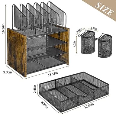 4-Tier Mesh Desk Organizer, Wooden Desk File Organizer with 5 Vertical File Holders and 2 Pen Holders, Desktop Organizers and Accessories with Drawer for Home Office - Image 6