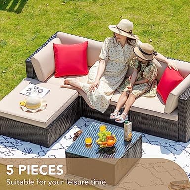 Devoko 5 Pieces Patio Furniture Sets All Weather Outdoor Sectional Patio Sofa Manual Weaving Wicker Rattan Patio Seating Sofas with Cushion and Glass Table(Beige) - Image 5