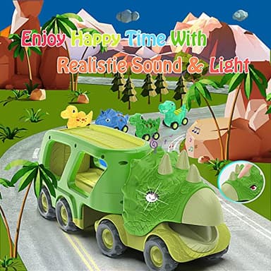 Veslier Dinosaur Car Toy for 3 4 5 Years Old Boys, Friction Power Carrier Truck with 4 Pack Small Pull Back Dino Car, Christmas Birthday Gift for 3+ Boy Girl Kids Toddlers - Image 2