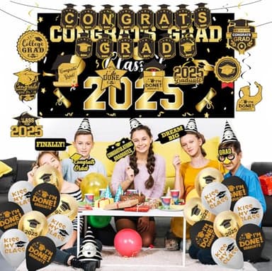 2025 Graduation Decorations Set- Class of 2025 Grad Party Decorations, Congrats Grad Banner, Backdrop, Grad Hanging Swirl, Balloons and Honeycomb Table Toppers, Graduation Party Supplies - Image 2