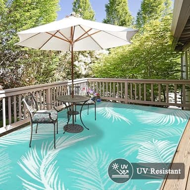 Pauwer Waterproof Outdoor Rug 6x9, Reversible Plastic Straw Patio Camping Rug, Indoor Outdoor RV Mat Carpet for Deck, Camper, Porch, Balcony, Backyard, Picnic, Leaf Light Blue - Image 4