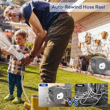 Retractable Garden Hose Reel, 1/2 in x 125 ft Wall Mounted Hose Reel, 10-Pattern Spray Nozzle, Any Length Lock/Slow Return System/Wall Mounted/180°Swivel Bracket - Image 4