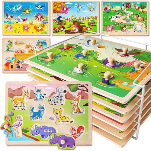 SYNARRY Wooden Puzzles for Toddlers 1-3, 6XSET Animals Puzzles for Toddlers 2-4 with Rack, Toddler Puzzles Ages 2-4, Kids Learning Educational Montessori Toys for 2 3 Year Old, Gifts for Boys Girls - Image 1