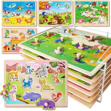 SYNARRY Wooden Puzzles for Toddlers 1-3, 6XSET Animals Puzzles for Toddlers 2-4 with Rack, Toddler Puzzles Ages 2-4, Kids Learning Educational Montessori Toys for 2 3 Year Old, Gifts for Boys Girls - Image 1