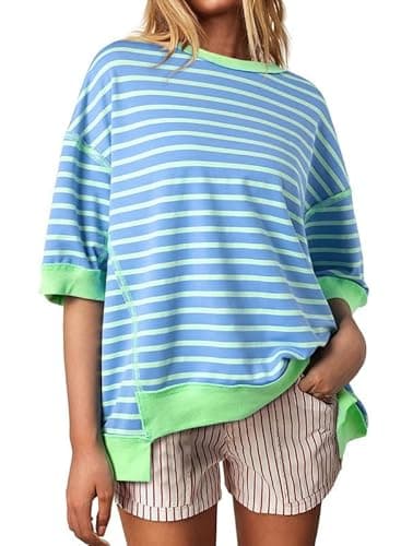 SHEWIN Shirts for Women 2025 Loose Short Sleeve Sweatshirt Cute Womens Summer Tops Dressy Casual Crewneck Color Block Tee Shirt Trendy Spring Outfits Sky Blue Stripe XL - Image 4