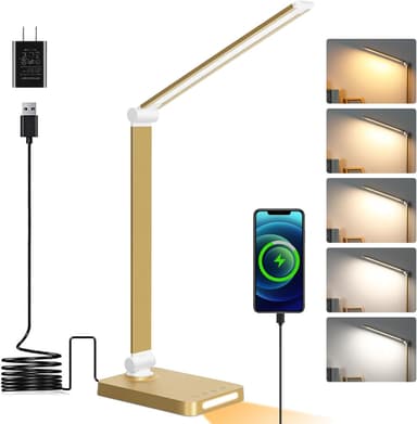 LED Desk Lamp with USB Ports,Touch Desk Lamps for Home Office with 5 Color Modes,3 Brightness Desk Light with Small Night Light,Reading Lamp Table Lamp for Bedroom Bedside Study Gold （with Adapter） - Image 2