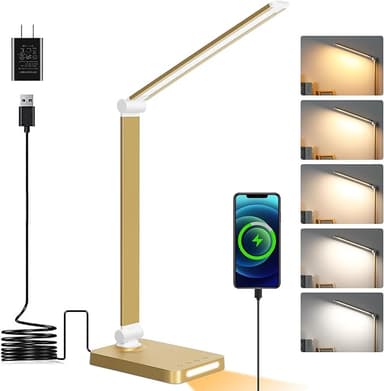 LED Desk Lamp with USB Ports,Touch Desk Lamps for Home Office with 5 Color Modes,3 Brightness Desk Light with Small Night Light,Reading Lamp Table Lamp for Bedroom Bedside Study Gold （with Adapter） - Image 1
