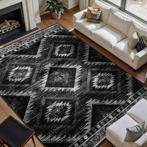 Area Rug 8x10 Rug Machine Washable Non-Slip Low Pile Print Pattern Western Rug for Living Room Bedroom Entryway Tribal Series -Black - Image 1