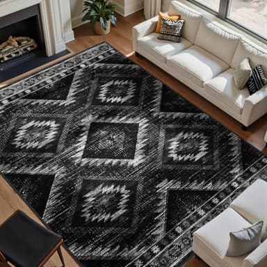 Area Rug 8x10 Rug Machine Washable Non-Slip Low Pile Print Pattern Western Rug for Living Room Bedroom Entryway Tribal Series -Black - Image 1
