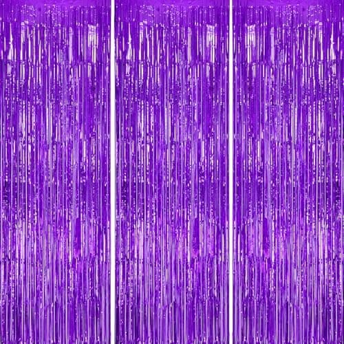DECOCKRAT 3 Pack Foil Fringe Backdrop - Purple Shiny Tinsel Curtains for Party Decoration/Photo Booth Props - 3.3x8.2 FT Metallic Foil Backdrop for Birthday, Wedding, Graduation, Christmas. - Image 1