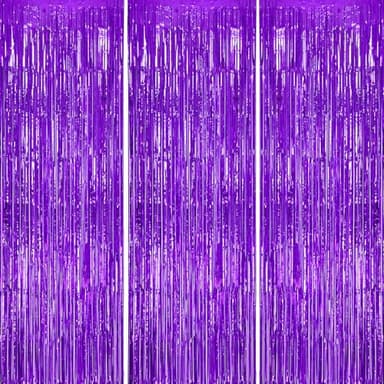 DECOCKRAT 3 Pack Foil Fringe Backdrop - Purple Shiny Tinsel Curtains for Party Decoration/Photo Booth Props - 3.3x8.2 FT Metallic Foil Backdrop for Birthday, Wedding, Graduation, Christmas. - Image 1