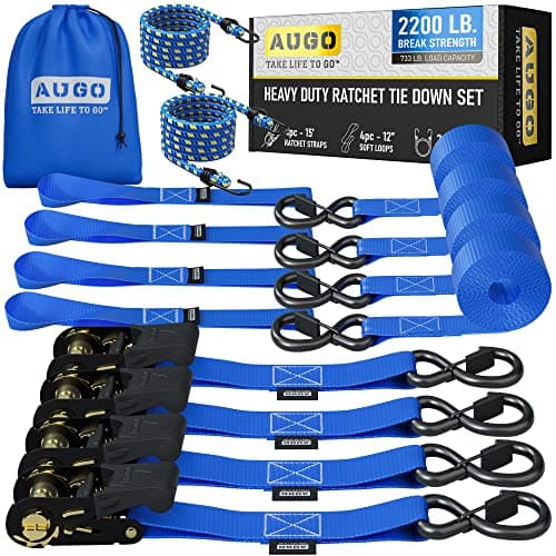 AUGO Ratchet Straps Heavy Duty 4 Pack -15 FT - 2200 LB Break Strength – with Safety Lock S Hooks - Cargo Straps for Moving, Appliances, Motorcycle – Soft Loop Tie Down Straps - Image 1