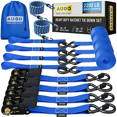 AUGO Ratchet Straps Heavy Duty 4 Pack -15 FT - 2200 LB Break Strength – with Safety Lock S Hooks - Cargo Straps for Moving, Appliances, Motorcycle – Soft Loop Tie Down Straps - Image 1
