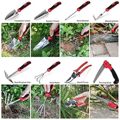 Red Gardening Tools, WisaKey 9 Piece Stainless Steel Heavy Duty Garden Tools with Non-Slip Ergonomic Handle, Garden Tote Bag, Garden kit, Gardening Gifts for Women and Men - Image 2