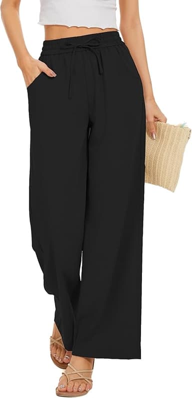 Women Flowy Pants Drawstring Waist Wide Leg Palazzo Beach Pants Loose Fit with Pockets - Image 1