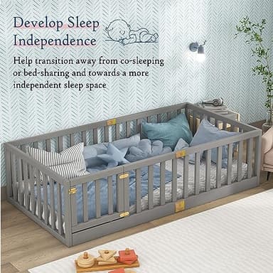 Tatub Twin Montessori Floor Bed with High Rails, Solid Wood Montessori Bed Frame for Kids, Door Can Install Left and Right, Twin-Grey - Image 5
