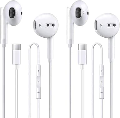 2 Pack of USB C Headphones for iPhone 17/17Pro/17Pro Max/16/16 Pro/16 Plus/16 Pro Max/15/15 Plus/15 Pro/15 Pro Max,USB Type C Earphones HiFi Stere, White Wired Earbuds with Microphone & Volume Control - Image 1