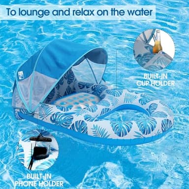 COOLCOOLDEE Pool Lounge Float with Canopy UPF50+,Extra Large Pool Floats for Adults Heavy Duty,Inflatable Lounger Float with Cup Holder & Backrest,Footrest - Image 5