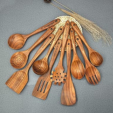 Wooden Spoons for Cooking,10 Pcs Natural Teak Wooden Kitchen Utensils Set Wooden Utensils for Cooking Wooden Cooking Utensils Wooden Spatulas for Cooking (10) - Image 4